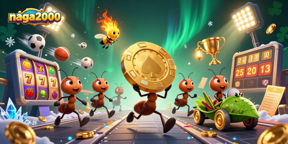 Naga2000 menghadirkan tim kartun semut membawa chip poker emas dalam suasana permainan slot yang seru.