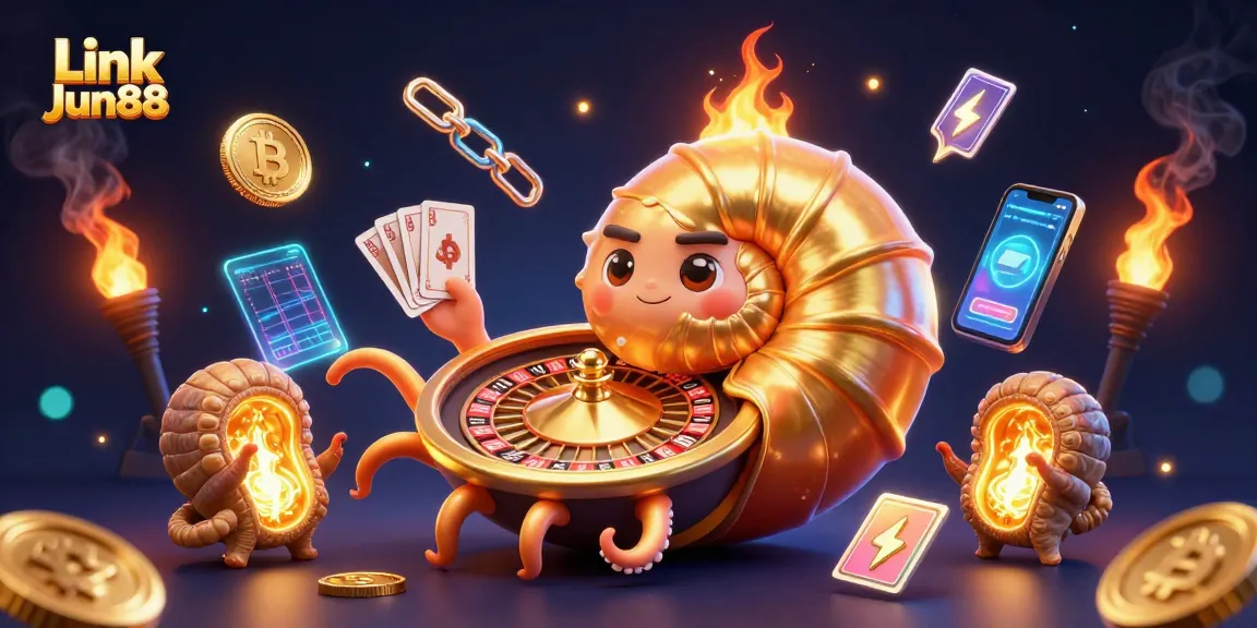 Engage with Link Jun88, as a giant nautilus and golden roulette wheel illuminate the online gaming experience.