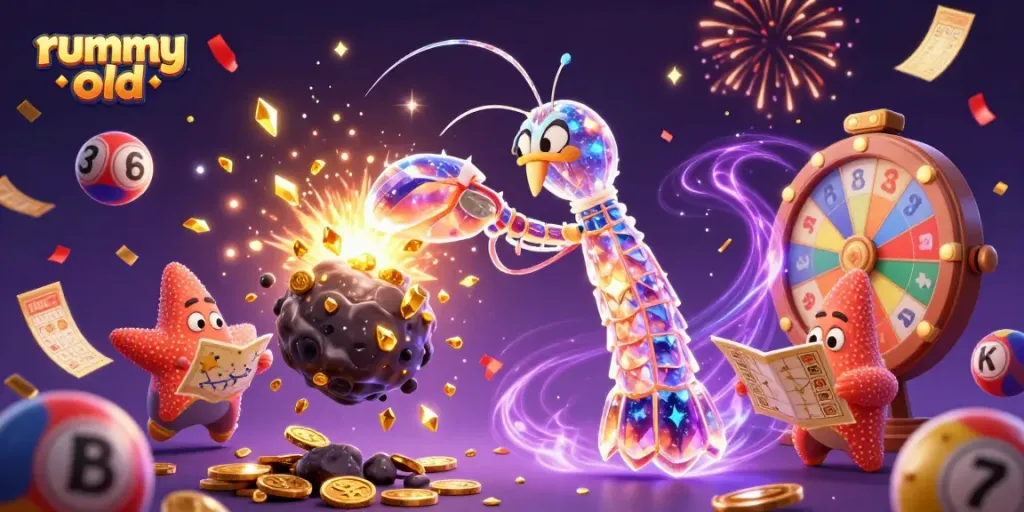 Engage with rummy old gameplay through a vibrant scene bursting with colorful elements and dynamic characters.