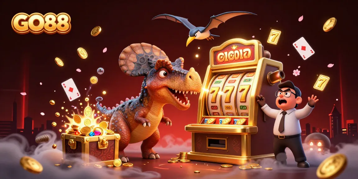 GO88 showcases thrilling jackpot wins as a pachycephalosaurus celebrates at the slot machine.