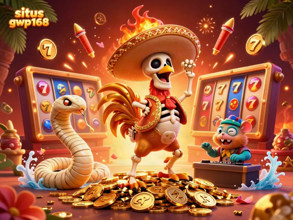 Merayakan kemenangan di situs gwp168 dengan skeleton rooster, mummy snake, dan zombie hamster DJ yang penuh semangat di tumpukan koin emas.