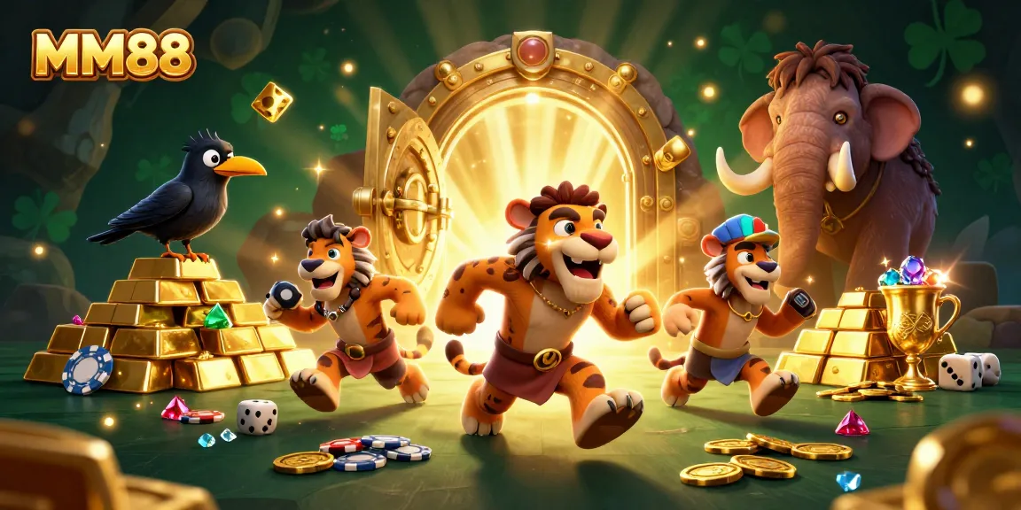 Experience excitement at MM88 with cavemen, tiger, and treasures in a vibrant casino setting.