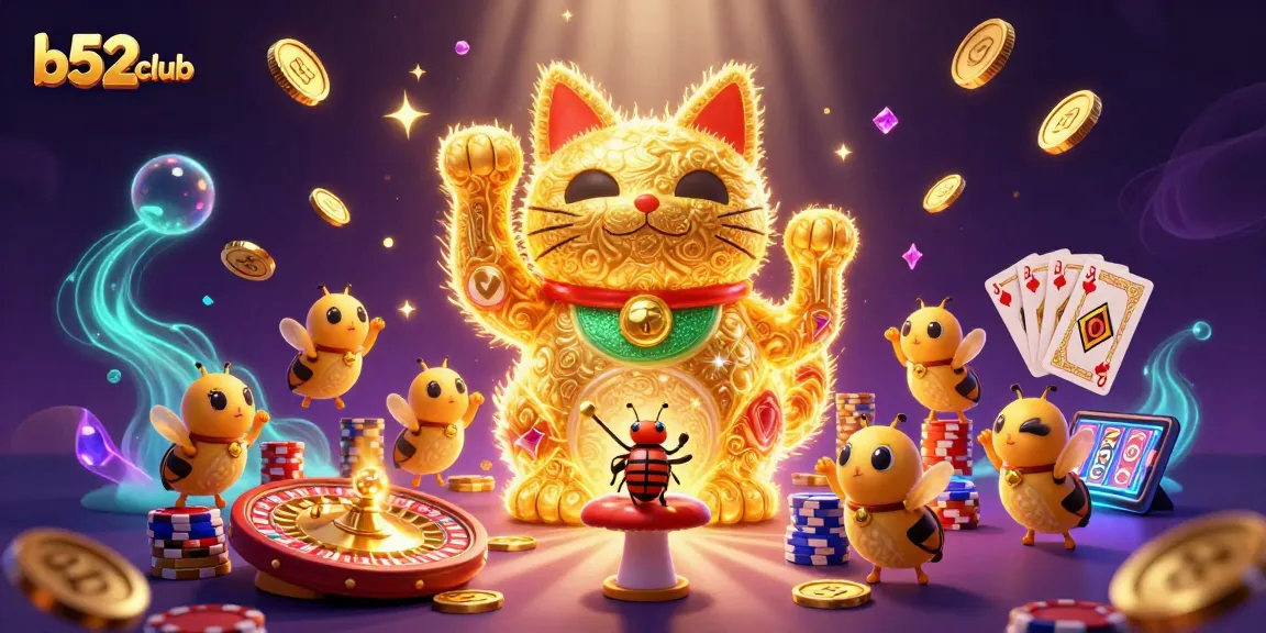 Join the lively b52club as golden fireflies and a lucky cat celebrate vibrant casino gameplay.