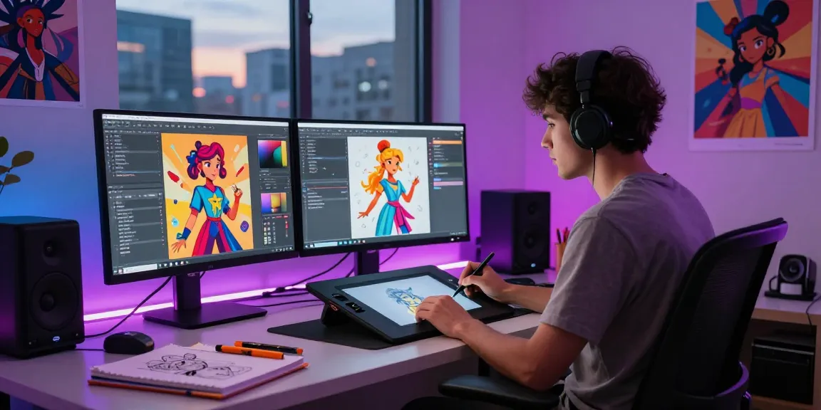 Artist creating engaging NSFW AI characters in a vibrant digital studio