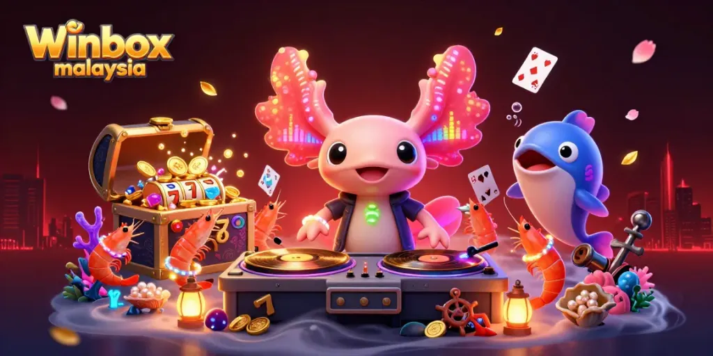 Experience the vibrant Winbox Malaysia gaming scene with a neon-colored axolotl DJ and animated sea creatures.