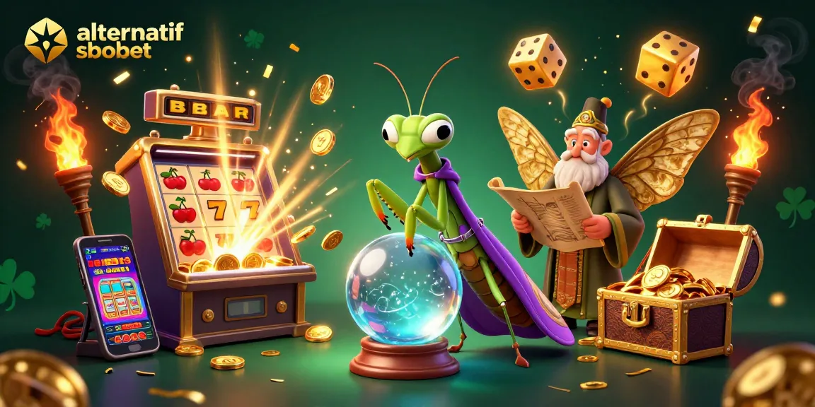Engage with alternatif sbobet through a dynamic scene featuring a fortune teller, a librarian, and vibrant casino elements.