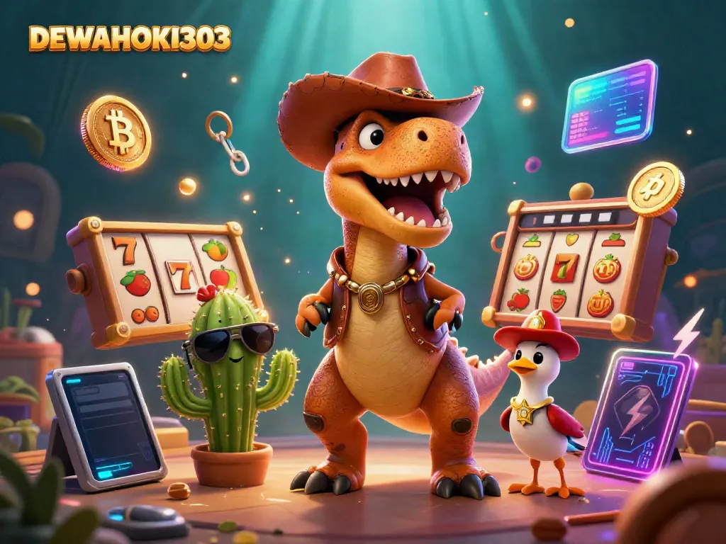 DEWAHOKI303 menampilkan slot gulungan dan simbol keberuntungan dalam ilustrasi slot online yang imersif.