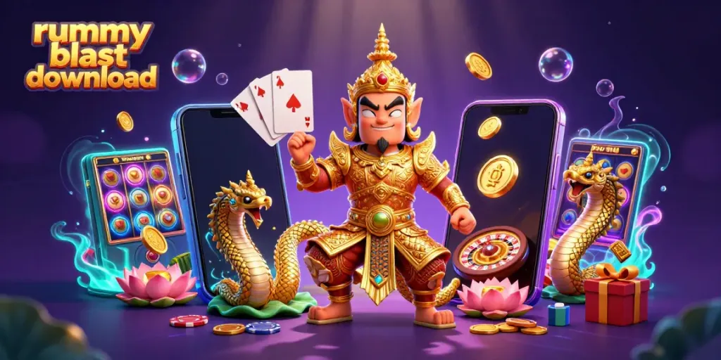 Experience the thrill with rummy blast download featuring 3D characters in a vibrant casino scene.