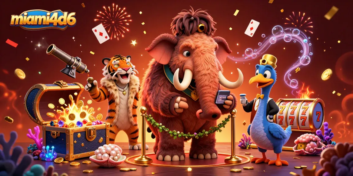Experience the thrill of miami4d6 with a vibrant casino scene featuring playful characters and jackpot symbols.
