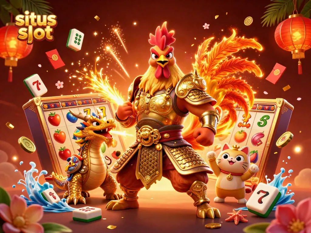 Experience thrilling situs slot action with a 3D rooster warrior, dragon, and fortune cat amidst lively game elements.
