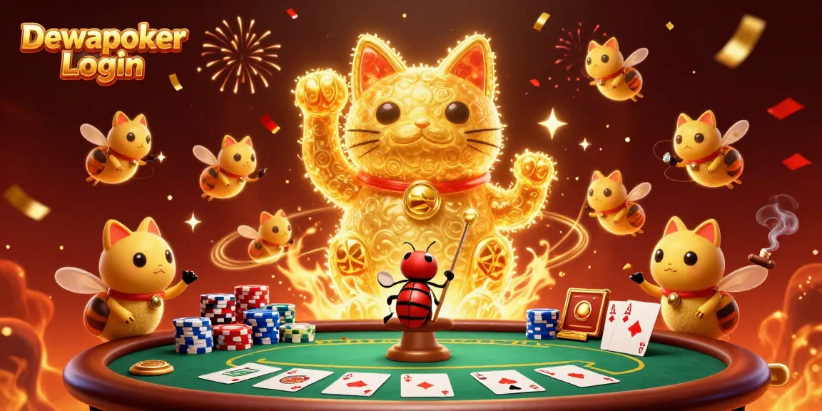Dewapoker Login scene showcasing casino excitement with a lucky cat, poker chips, and festive decor.