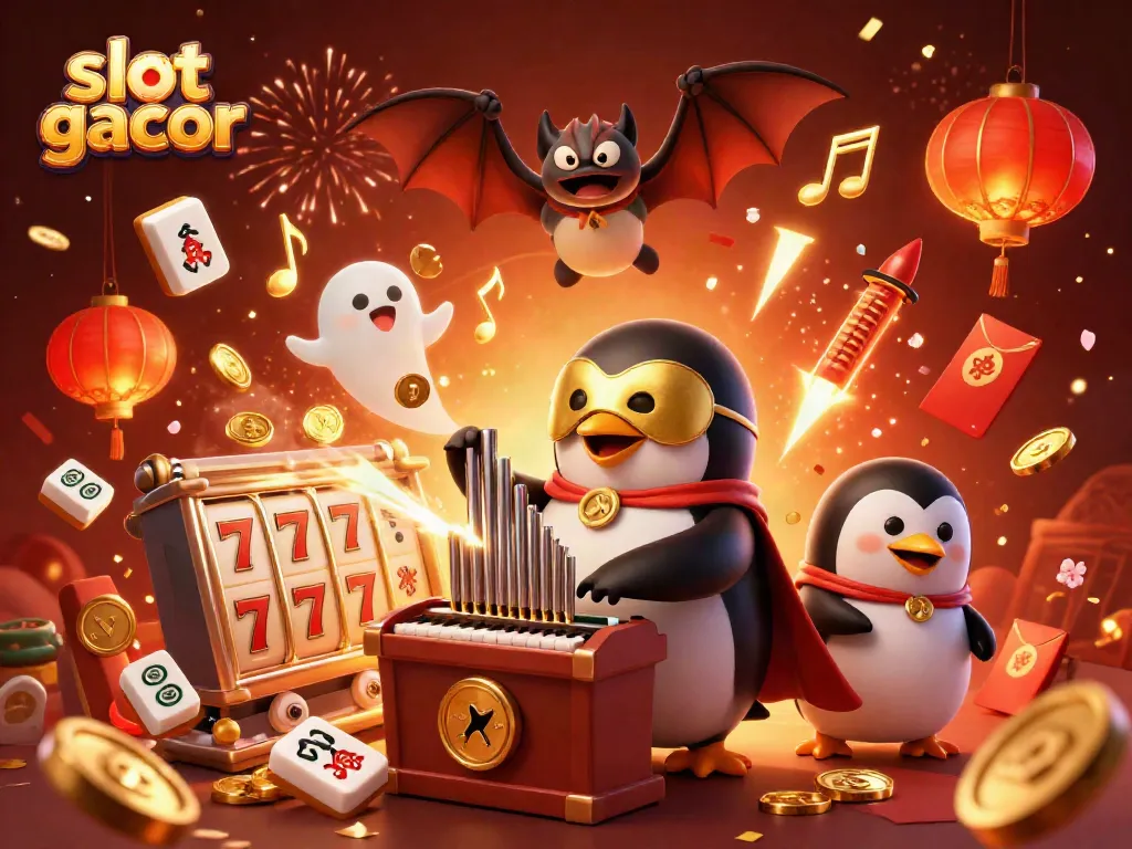 Visualisasi slot gacor yang meriah dengan karakter penguin beraksi dan elemen permainan yang kaya.