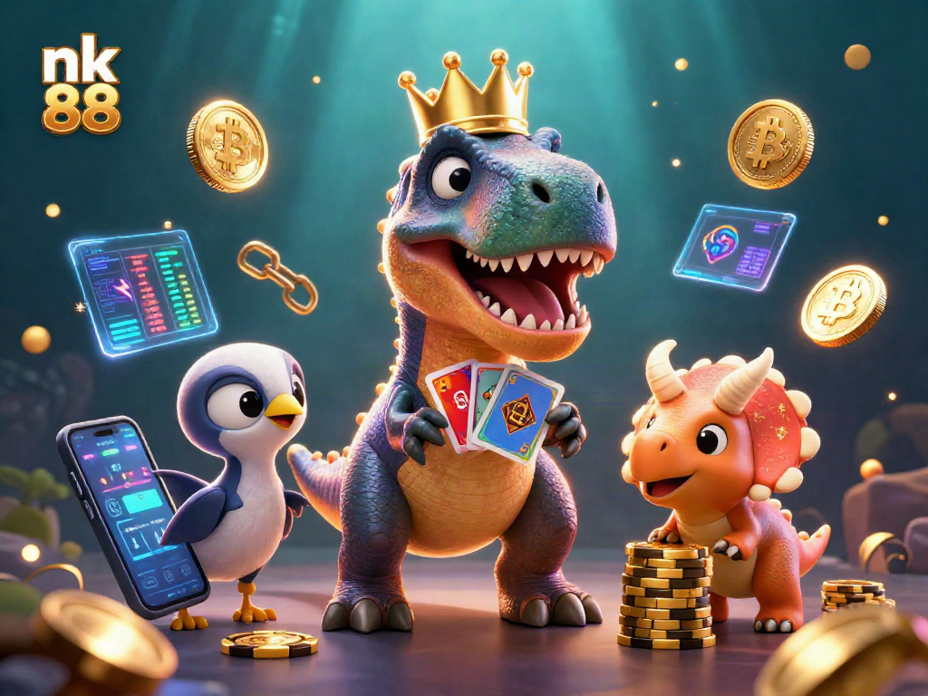 Experience nk 88 with a thrilling gaming scene featuring a T-Rex and crypto elements.