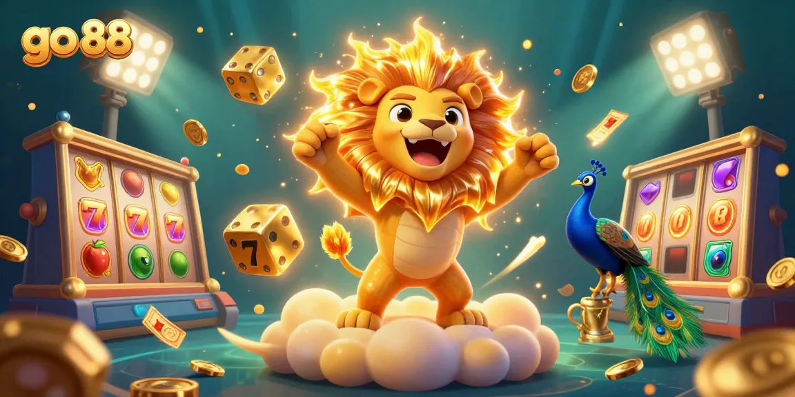 Engage with go 88 through dynamic casino elements, featuring a roaring lion and vibrant slot reels.