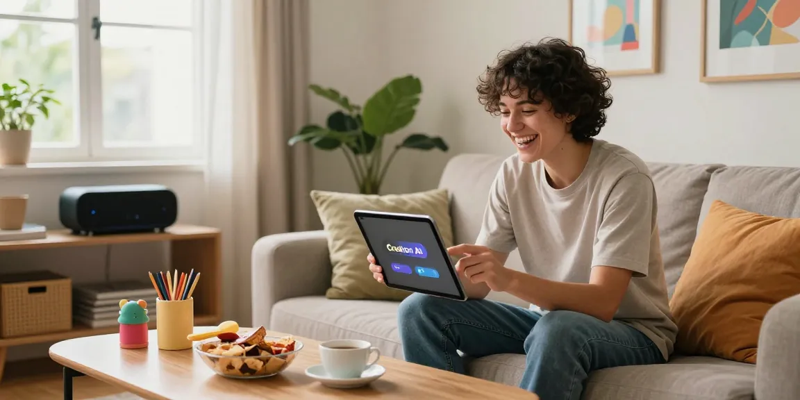 Person enjoying a fun chat with Crushon AI on tablet in a vibrant living room.