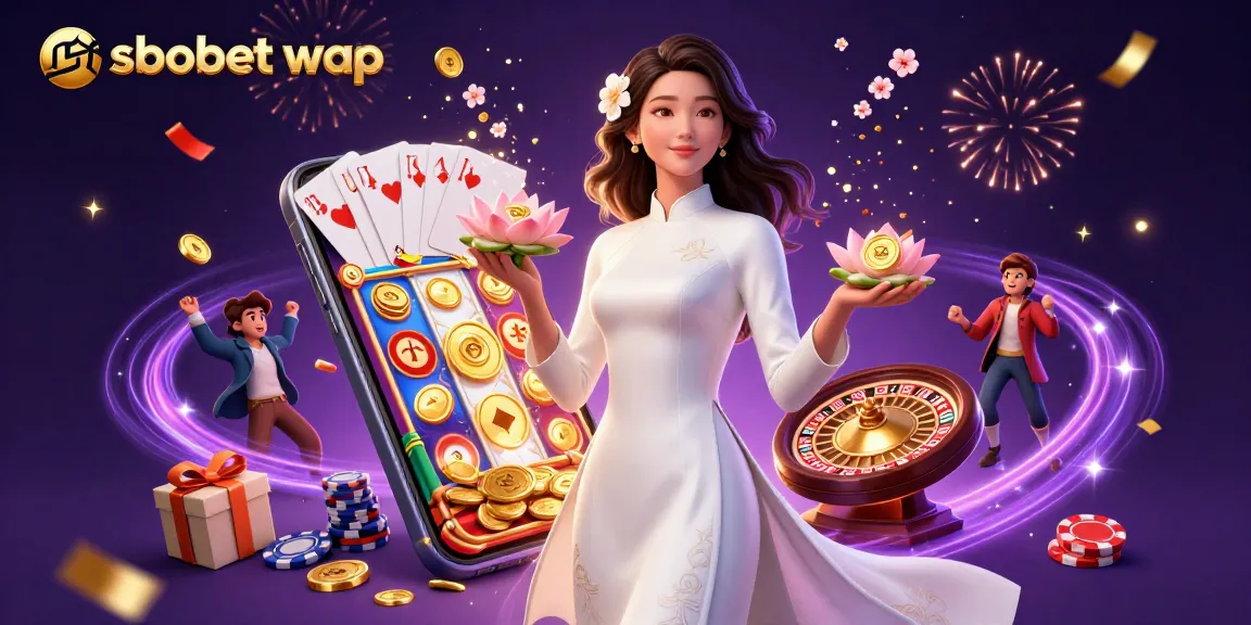 Experience sbobet wap with an elegant Asian woman in a traditional ao dai, surrounded by casino game elements.
