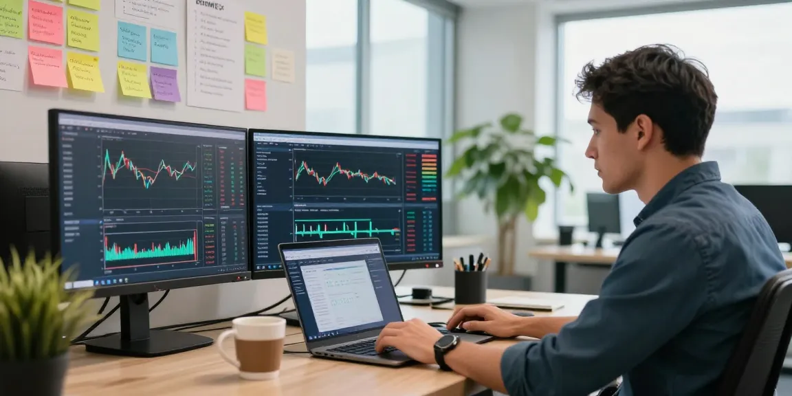 Сцена трейдера на BitMEX с графиками и ноутбуком в современном офисе