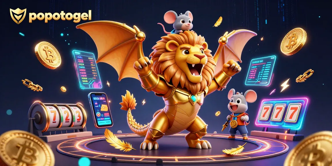 Engage with popotogel through vibrant 3D illustration depicting casino excitement and crypto elements.