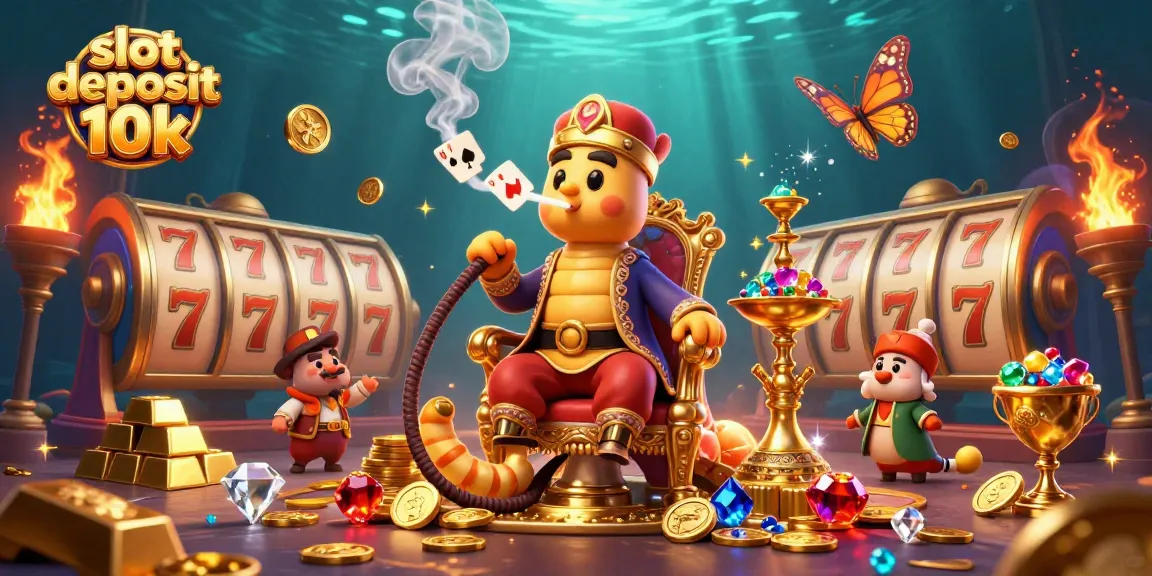 Visual of a vibrant scene showcasing slot deposit 10k, featuring a whimsical caterpillar master, casino elements, and treasure.