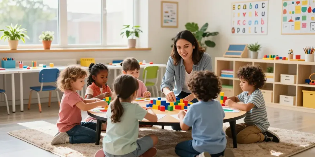 Interactive preschool classroom scene from https://podarprep.com/locations showcasing teachers and students engaged in vibrant learning activities.