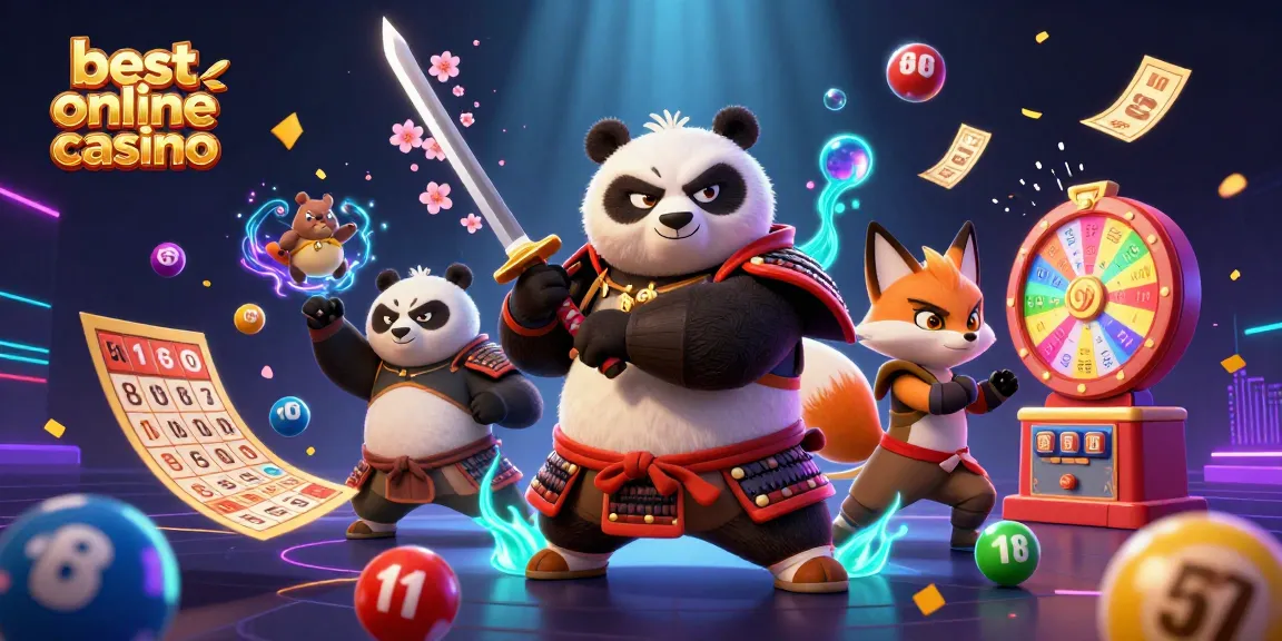 Engage in the best online casino experience with a vibrant 3D scene featuring a samurai panda, a ninja fox, and magical elements.