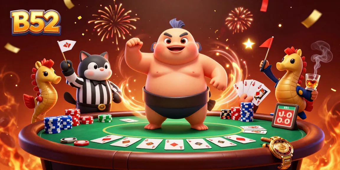 Engage with B52 strategies at a dynamic underwater poker match featuring whimsical characters.