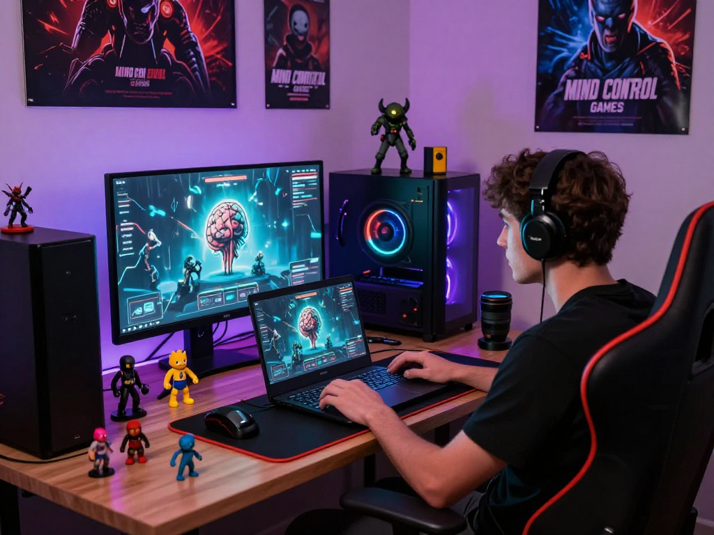 Explore mind control porn-themed games in an immersive setup showcasing vibrant graphics and gaming culture.