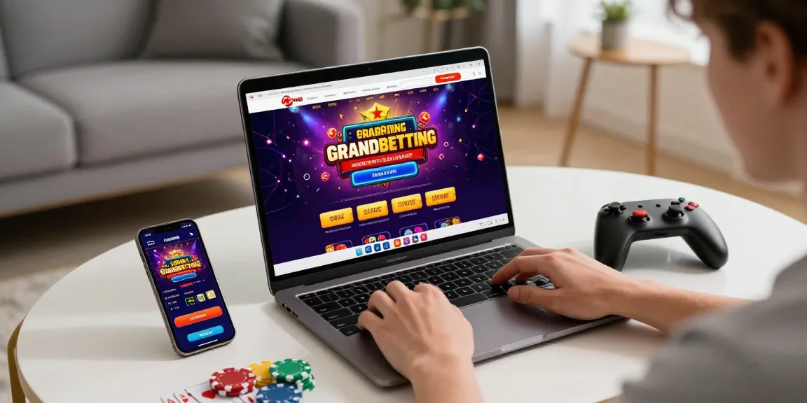 Engaging with Grandbetting online gambling on a laptop in a stylish setting.