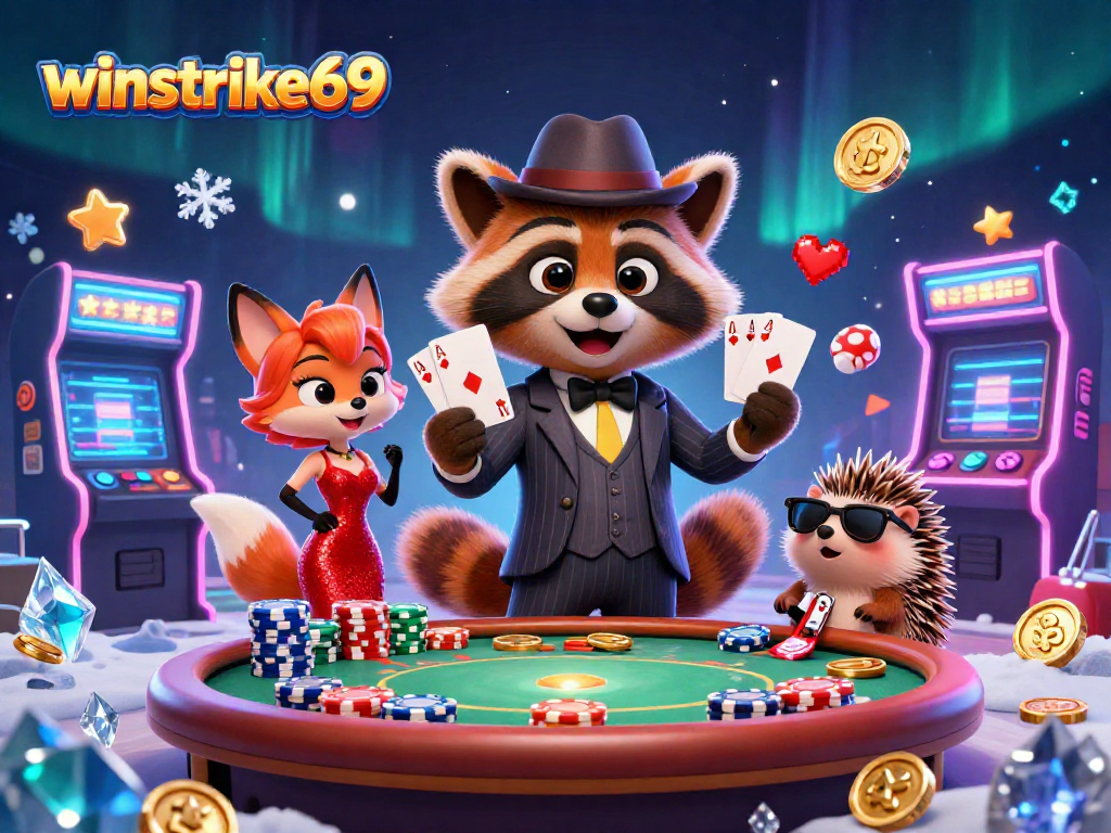Winstrike69 showcases a raccoon in a suit playing cards amid dazzling casino elements.