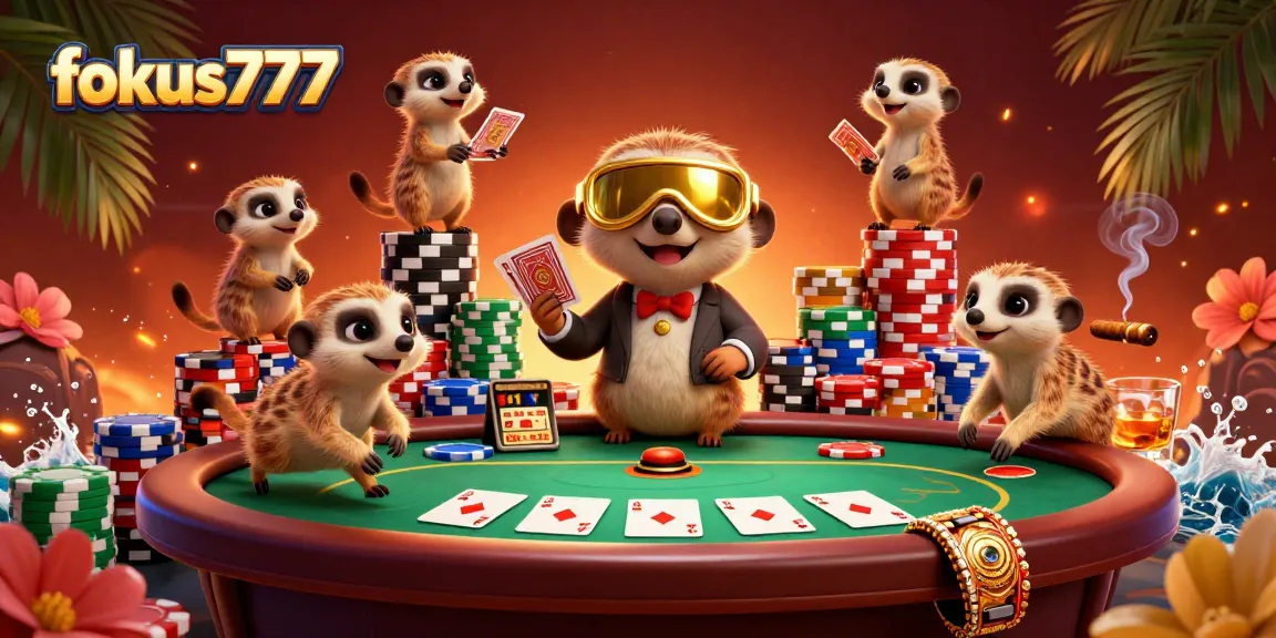 Fokus777 casino scene featuring meerkats operating a vibrant poker table amidst colorful chips and dynamic elements.