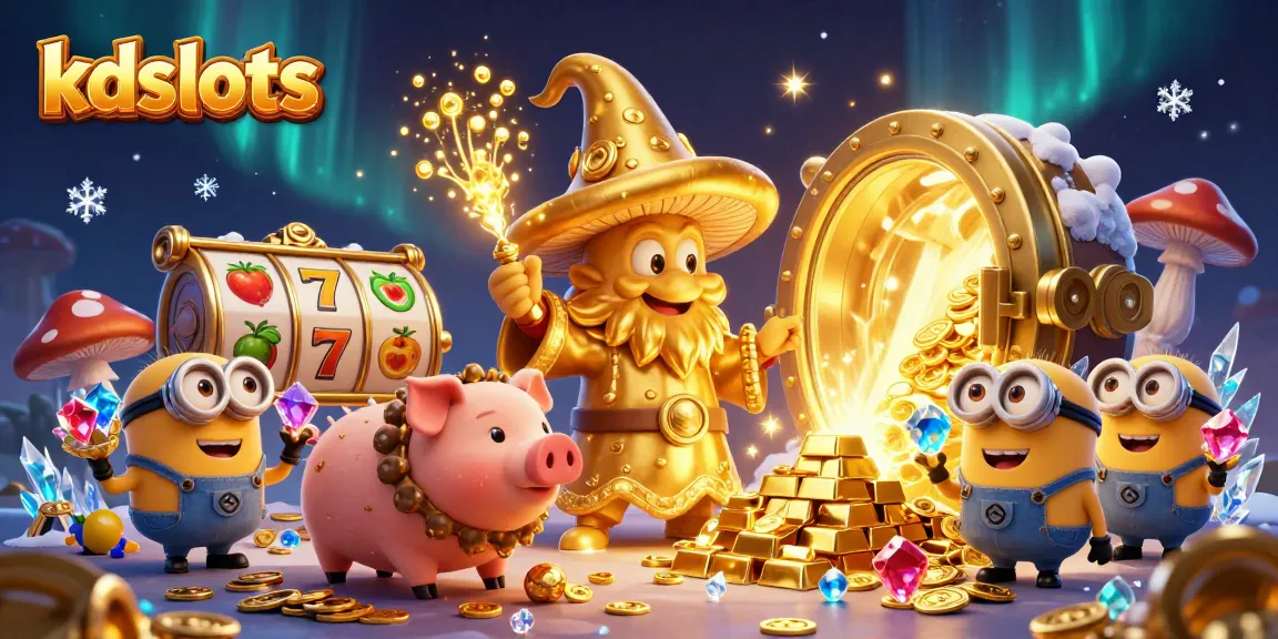 Play the latest kdslots with a magical scene full of treasures, slot reels, and vibrant characters.