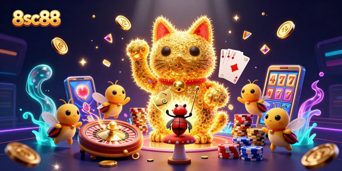 Experience 8sc88's exciting casino atmosphere with golden fireflies, swirling coins, and vibrant casino symbols.