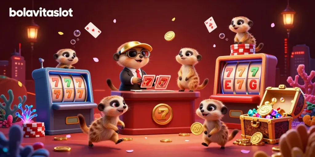 Engage in the thrilling world of bolavitaslot with lively meerkats managing a vibrant casino scene.
