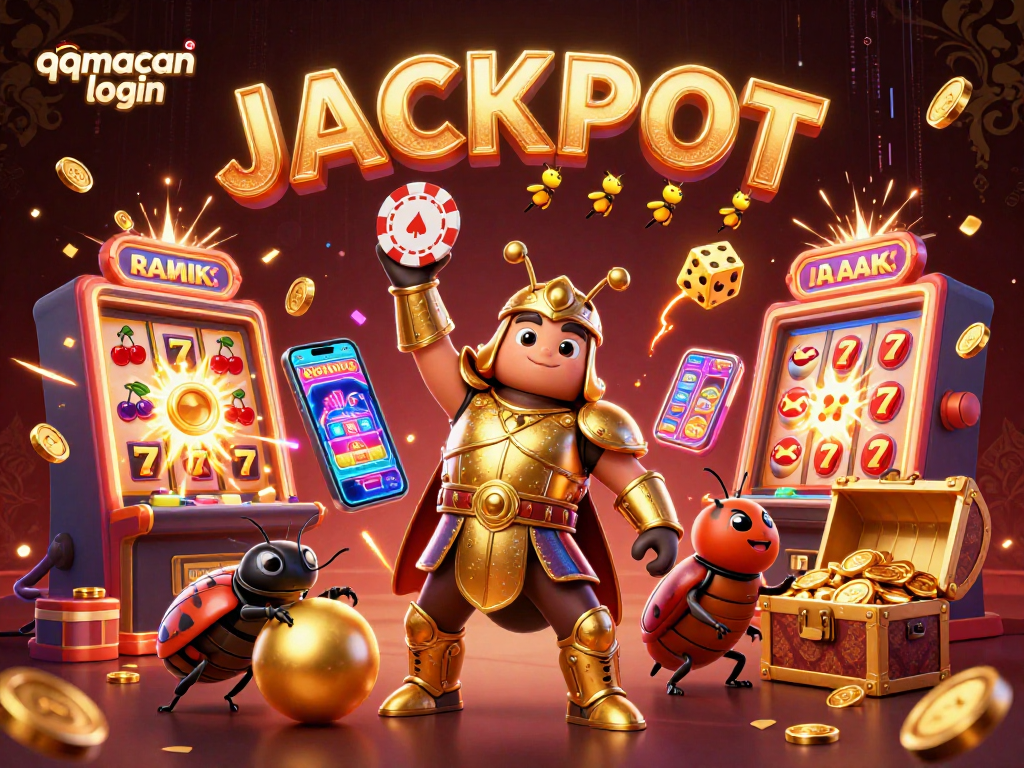 Experience the thrill of qqmacan login with a dynamic casino illustration featuring vibrant characters and game elements.