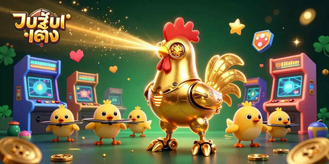 Experience thrilling แทงบอลเต็ง action with a futuristic rooster robot and baby chick drones in a lively casino setting.
