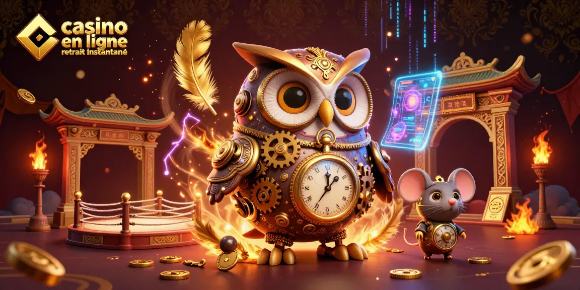 Découvrez la scène vibrante d'un casino en ligne retrait instantané avec un hibou steampunk et des éléments riches de casino.