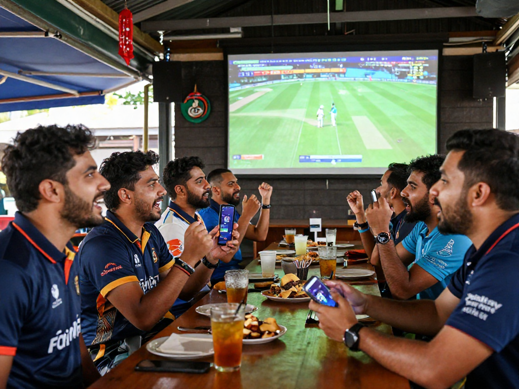 Fans celebrating with FairPlay id at outdoor cricket betting event.