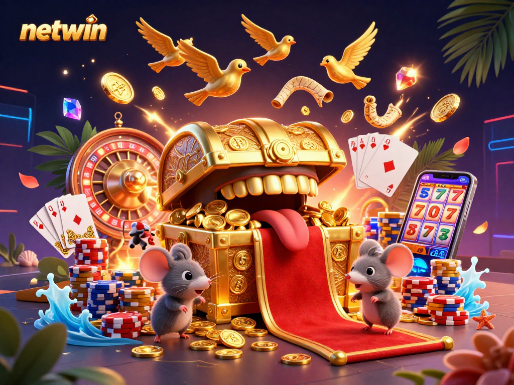 Win big with netwin in this captivating casino illustration featuring a treasure chest and exciting game elements.