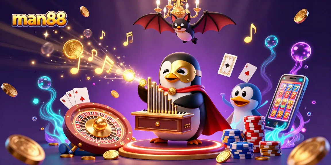 Experience the thrilling wins at man88 with a dynamic casino scene featuring a golden coin-shooting penguin.