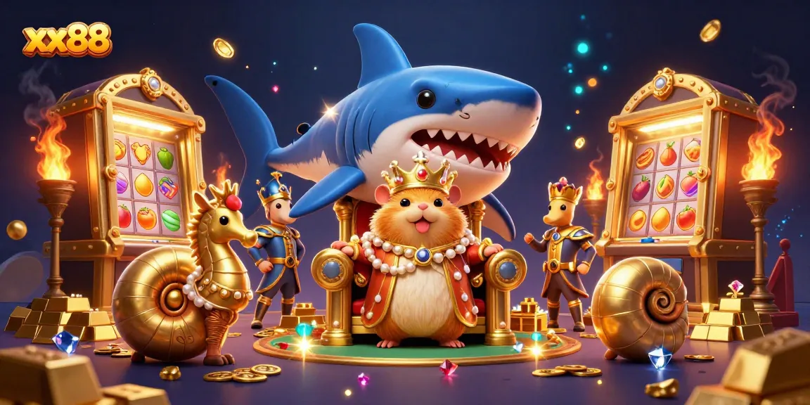 Engage with the xx88 casino adventure featuring a golden hamster king surrounded by treasures and slot symbols.