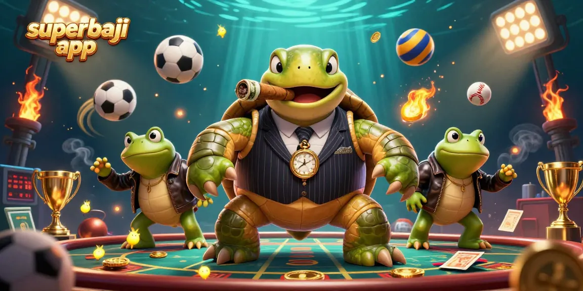 Engage with the superbaji app where a cartoon turtle in a suit dominates a dynamic casino scene, featuring sports elements.