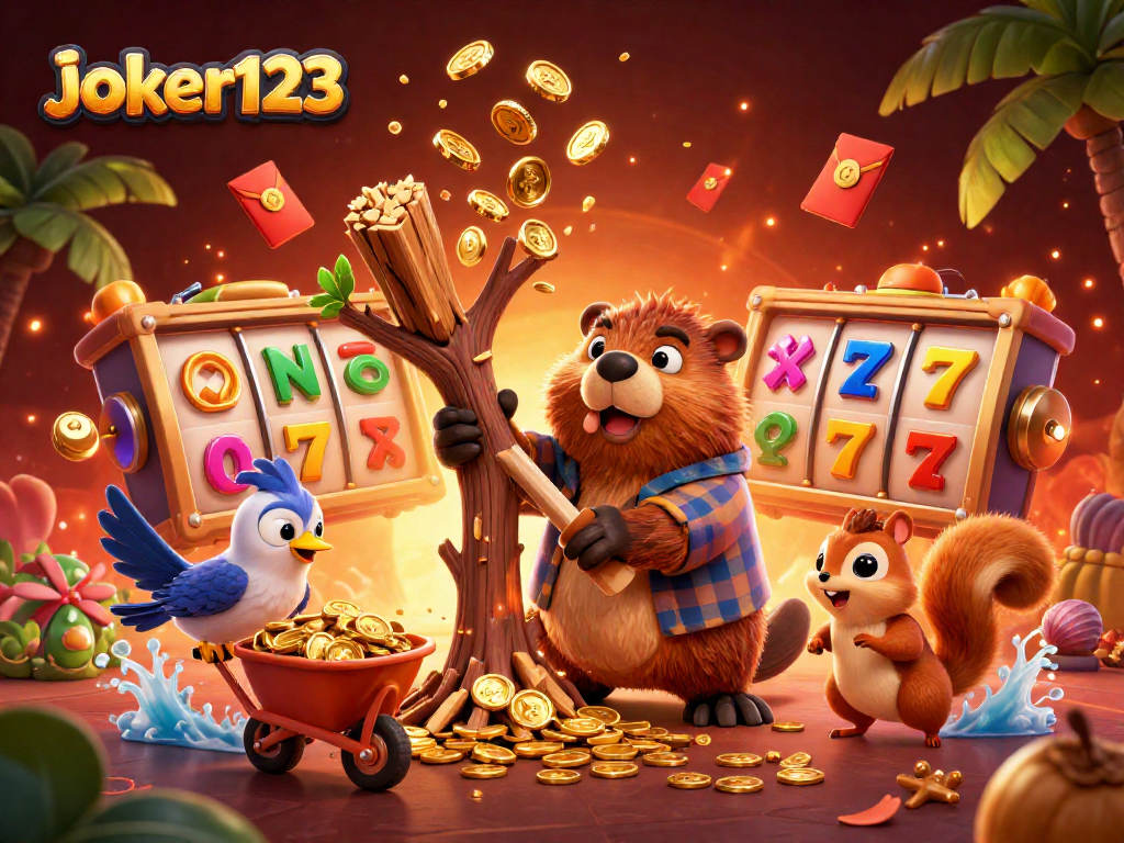 Visualisasikan joker123 dengan karakter ceria memutar slot di kasino online, suasana menggembirakan.