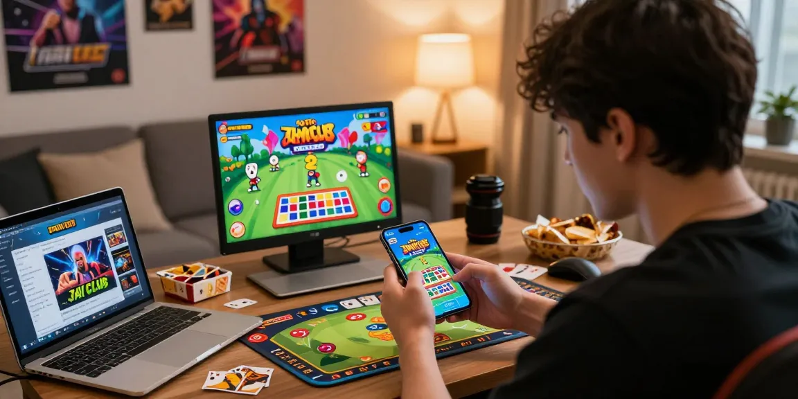 Engaged player using Jai Club login app in a cozy gaming space with vibrant game illustrations.