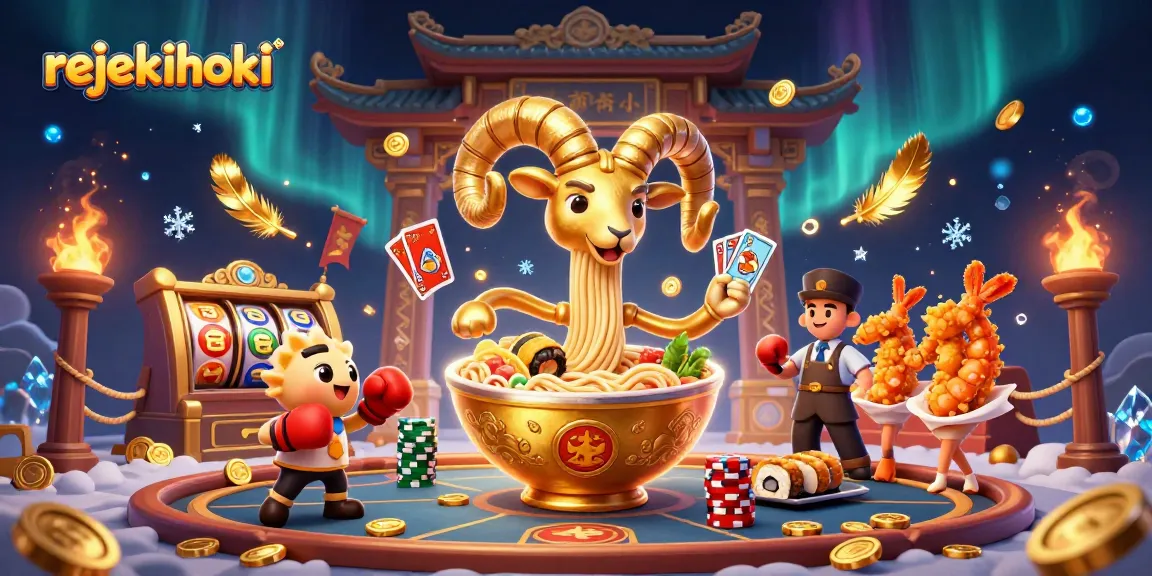 Engage with rejekihoki in a dynamic slot game scene featuring a giant golden ramen bowl dealer and energetic companions.