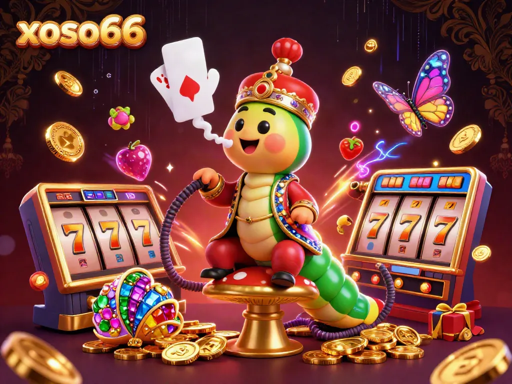 xoso66 captivates players with a unique 3D casino scene showcasing vibrant slot game elements and charismatic characters.