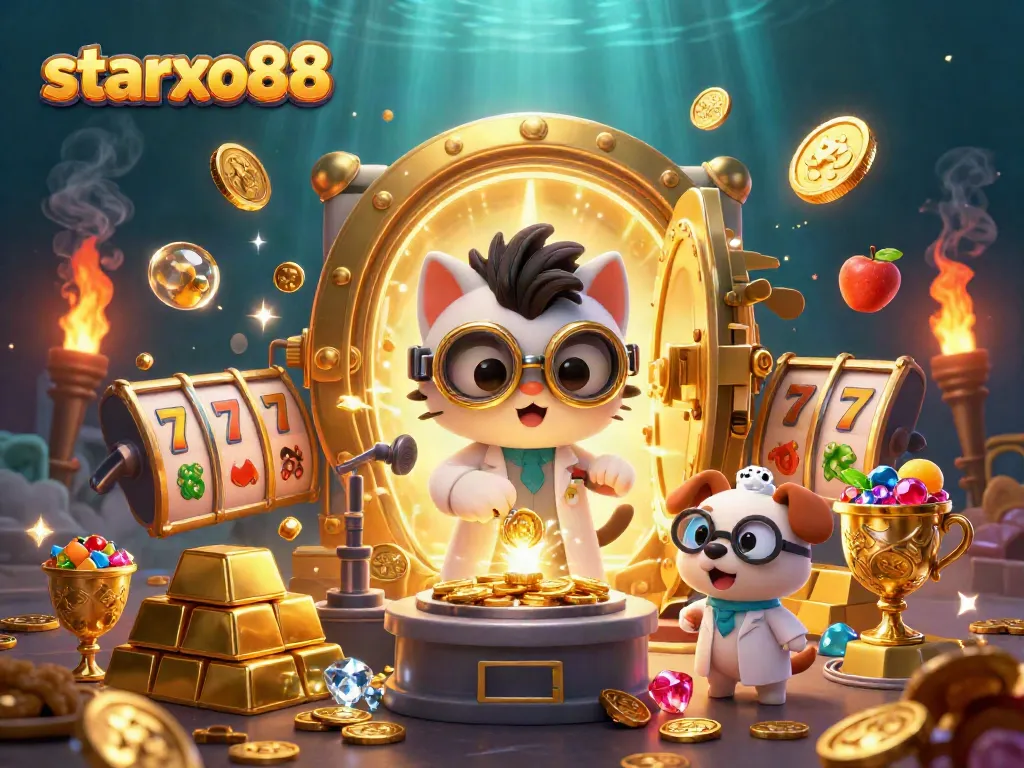 Experience excitement with starxo88 in this vibrant 3D casino scene filled with gold and slot machines.