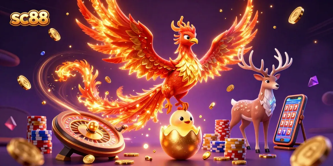 Experience thrilling gameplay at sc88 with a fire phoenix and mystical stag amidst casino elements.