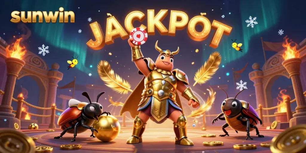 Engage with sunwin's thrilling world as a heroic beetle celebrates a jackpot victory surrounded by gold tokens and vibrant game elements.
