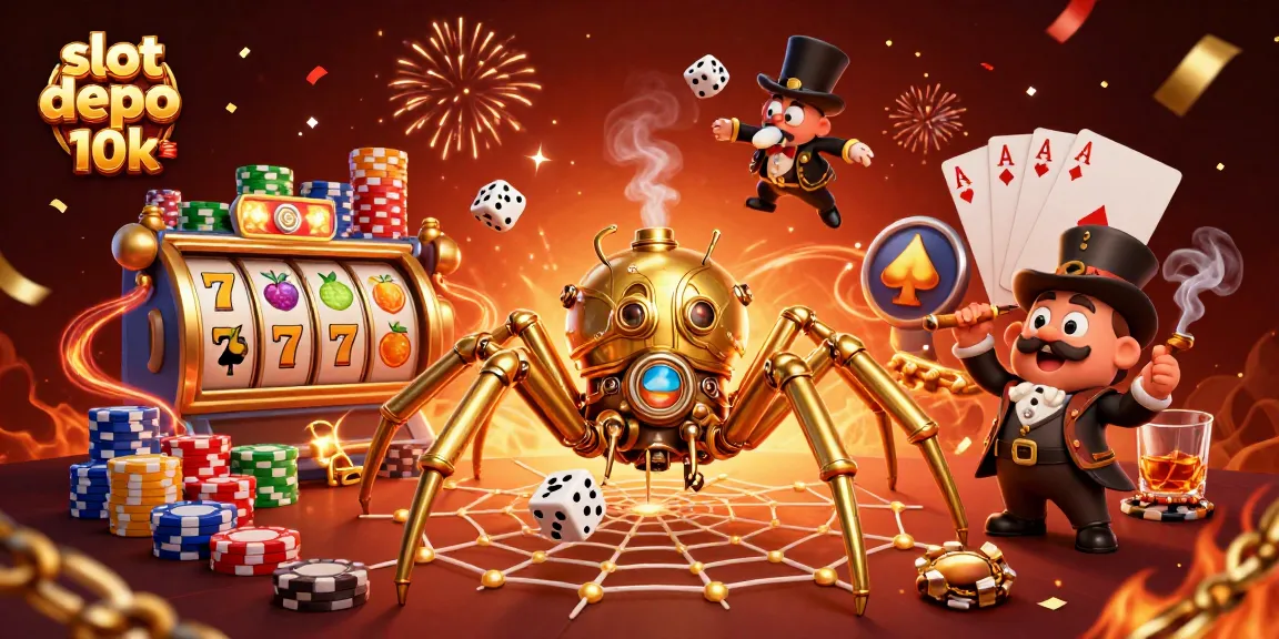 Spin the reels at slot depo 10k with a rich 3D steampunk-themed casino illustration.