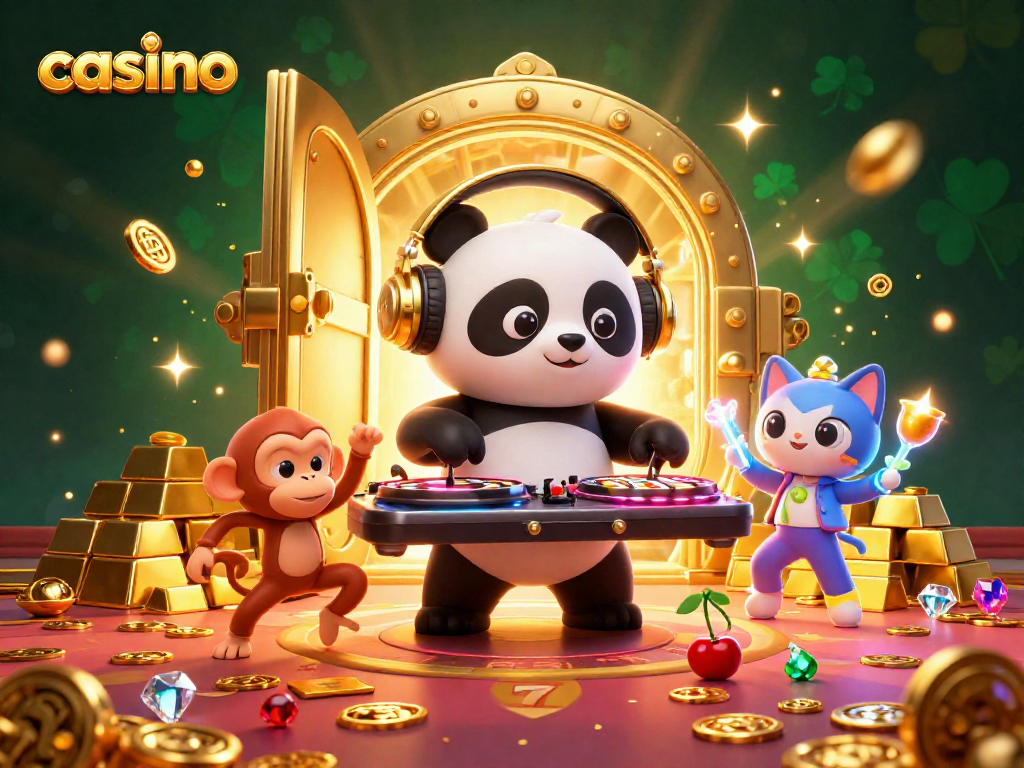 Casino-themed illustration with DJ panda, breakdancing monkey, and glowing kitten celebrating gaming excitement.